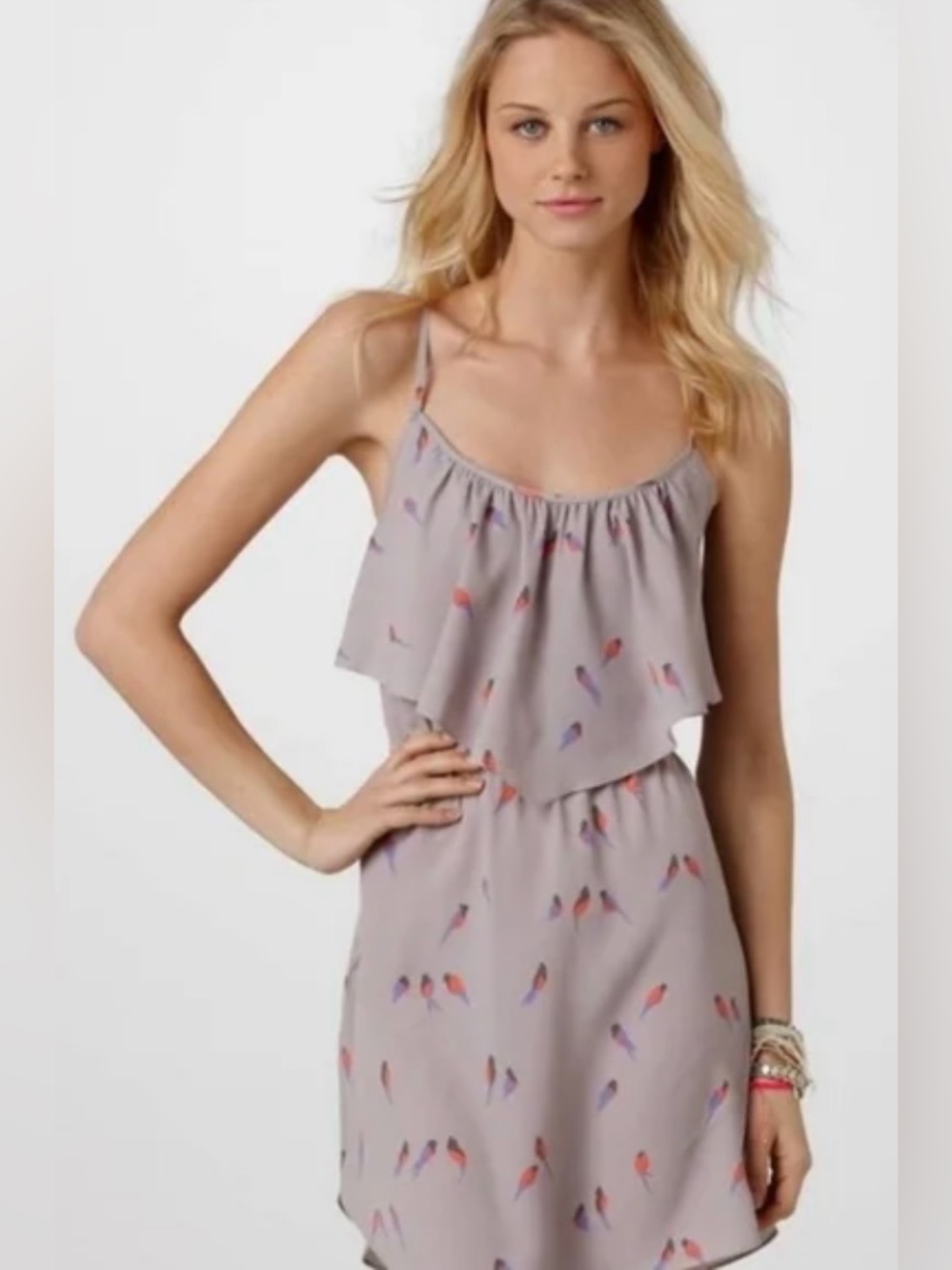 American Eagle Outfitters Gray dress with Pink and Blue Bird Print